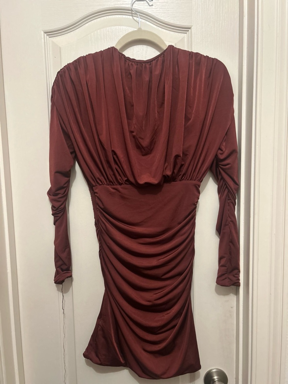 Meshki Hayden Long Sleeve Plunge Mini Dress - Burgundy - Picture 3 of 4